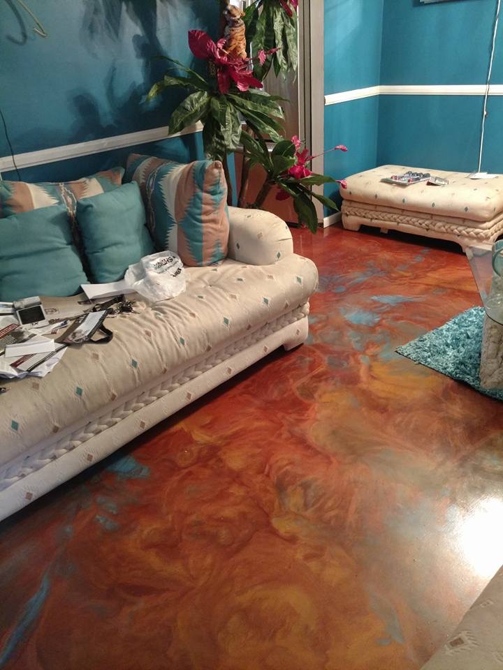 Copper metallic epoxy floor in residential living room Hinesville GA